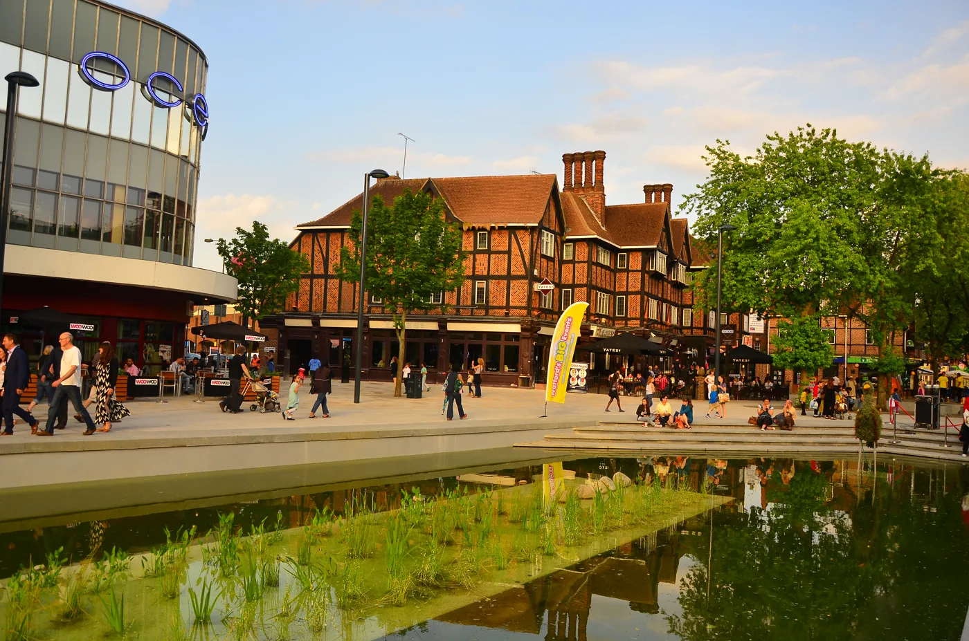 The pond on Watford High Street, where the 2025 Diwali parade finished with the lights switch-on; Pondside is one of the 2026 locations