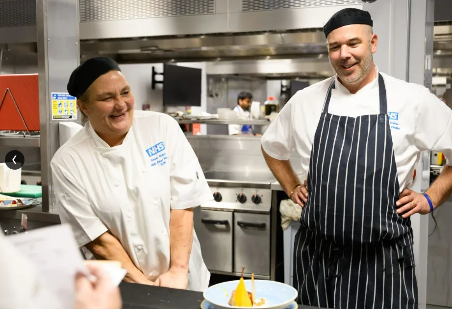 Dawn Roberts and Tommy Trinder in the kitchens at Watford General Hospital